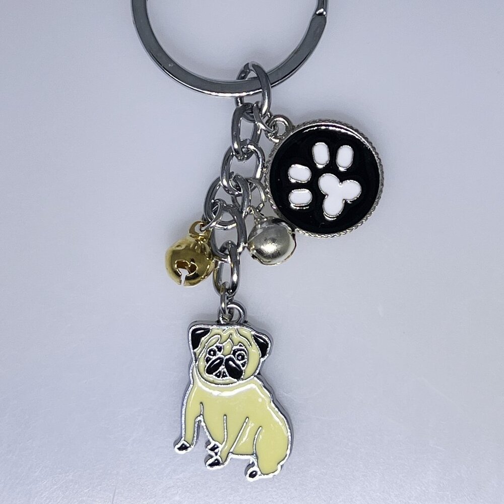 Pug dog keychain, enameled paw print, bells, NWOT